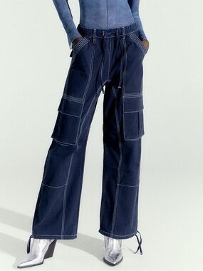 Zara Cargo Contrast Stitch Pants in Navy